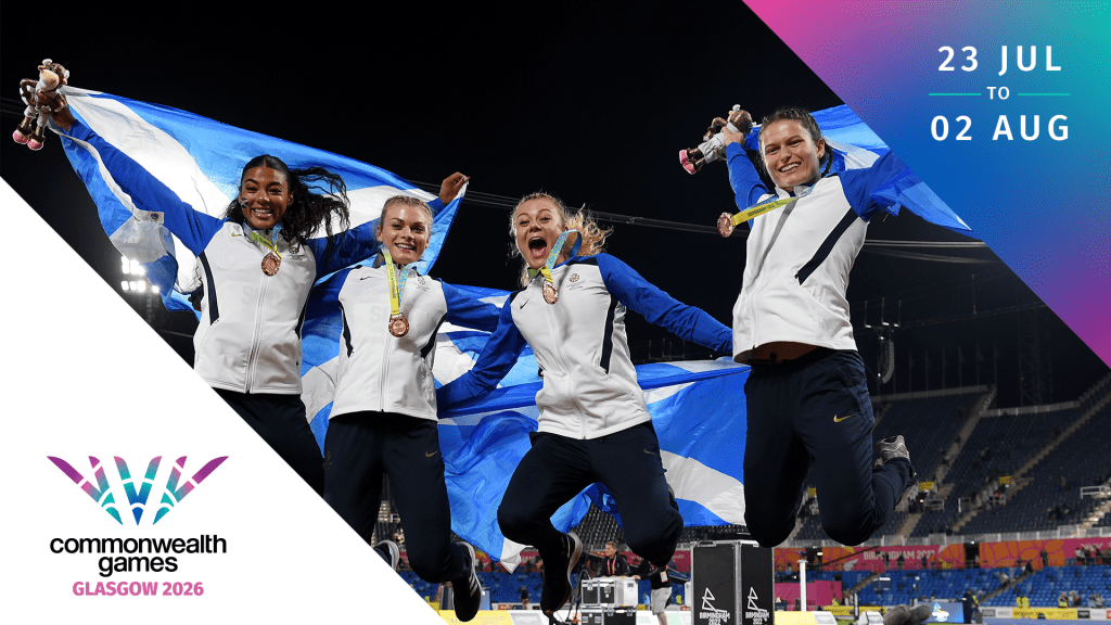 Team Scotland's women's 4x400m relay team jump for joy with flags and medals after winning bronze at Birmingham 2022